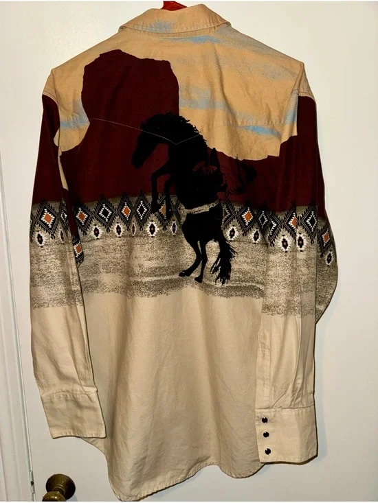 Vintage Wrangler Brushpopper Pearl Snap Aztec Mens Large Western Rare Pattern - Picture 2 of 8